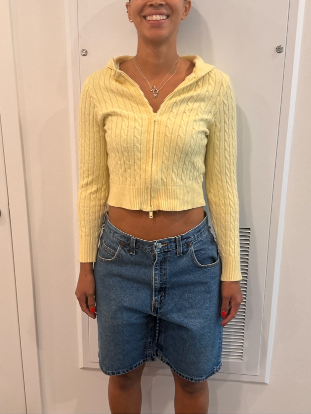 Pink Rose Pale Yellow Cable-Knit Zip Crop Hoodie
